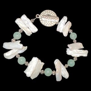 Freshwater Pearl Jade Bracelet 8 Inch Silver Clasp Baroque White Green